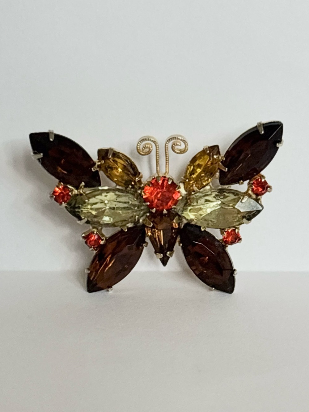 Vintage Butterfly Crystal Brooch Pin - Gold Amber Red Colours